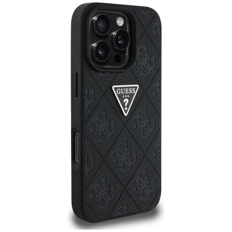 Husa iPhone 16 Pro Max Guess Leather Hot Stamp 4G Pattern Triangle Metal Logo, negru, GUHCP16XPGP4STRK