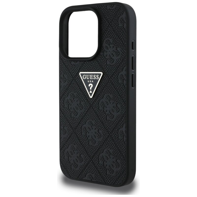 Husa iPhone 16 Pro Max Guess Leather Hot Stamp 4G Pattern Triangle Metal Logo, negru, GUHCP16XPGP4STRK