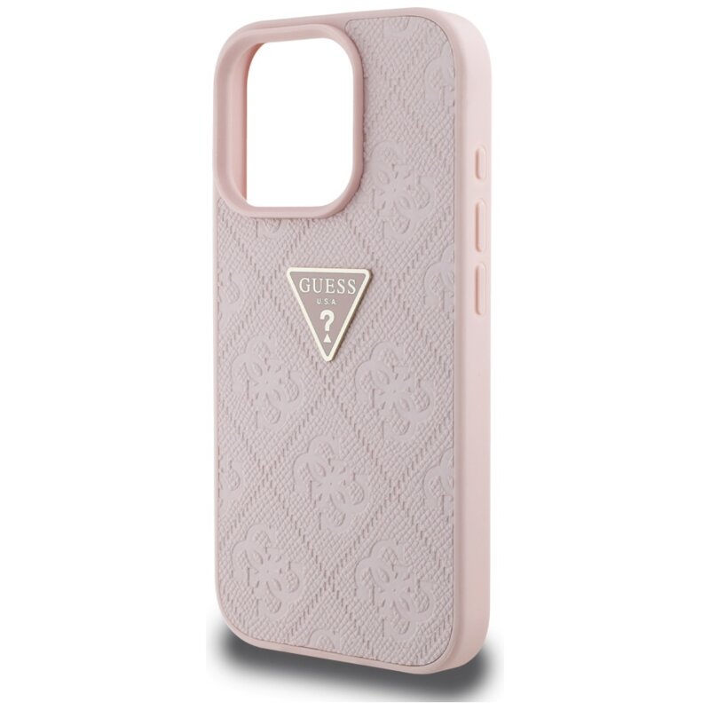 Husa iPhone 16 Pro Max Guess Leather Hot Stamp 4G Pattern Triangle Metal Logo, roz, GUHCP16XPGP4STRP