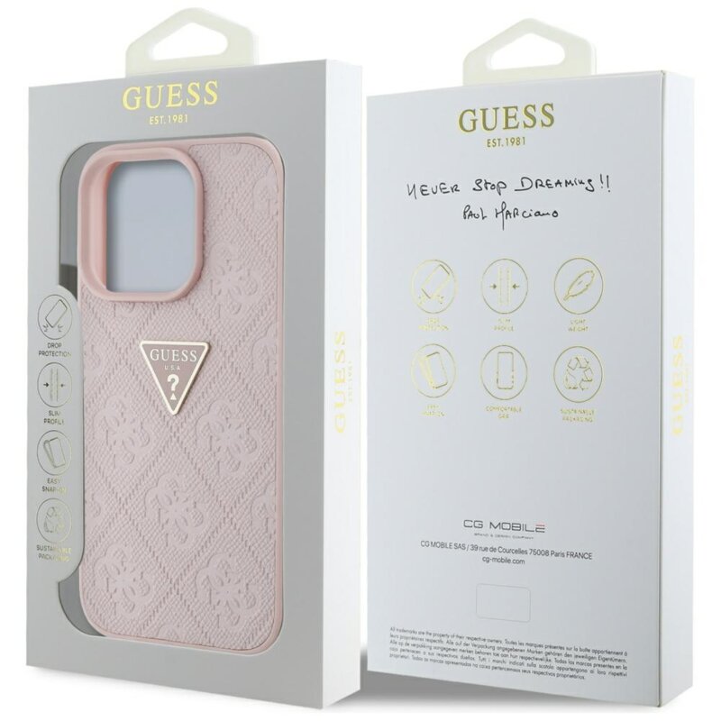 Husa iPhone 16 Pro Max Guess Leather Hot Stamp 4G Pattern Triangle Metal Logo, roz, GUHCP16XPGP4STRP