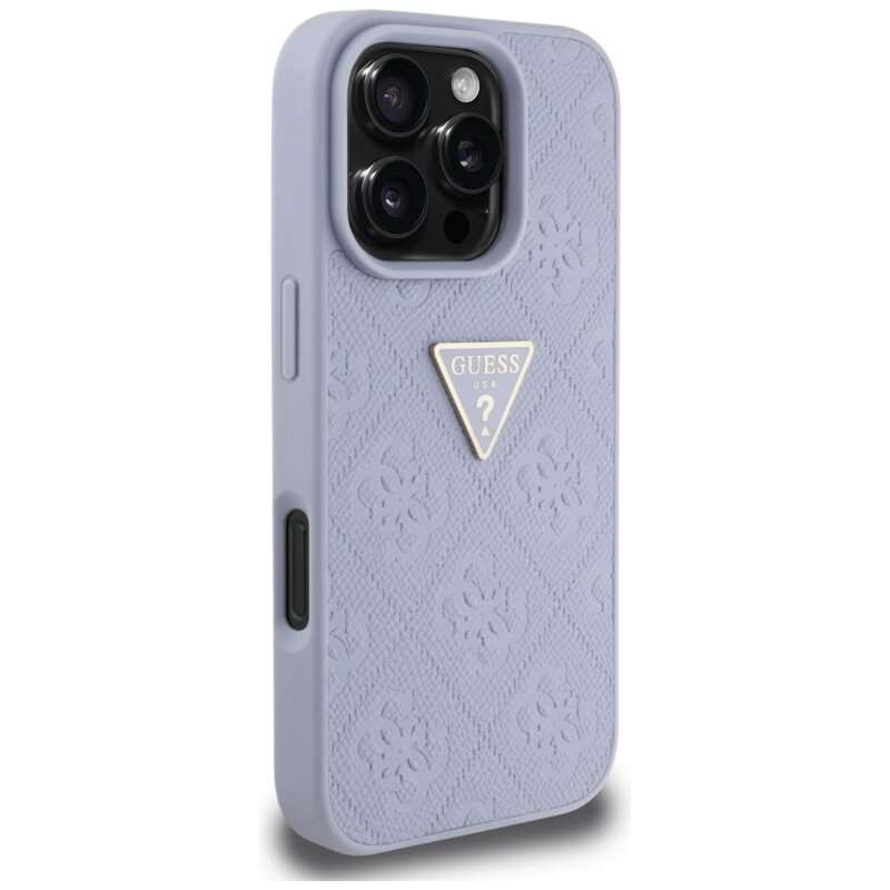 Husa iPhone 16 Pro Max Guess Leather Hot Stamp 4G Pattern Triangle Metal Logo, mov, GUHCP16XPGP4STRU