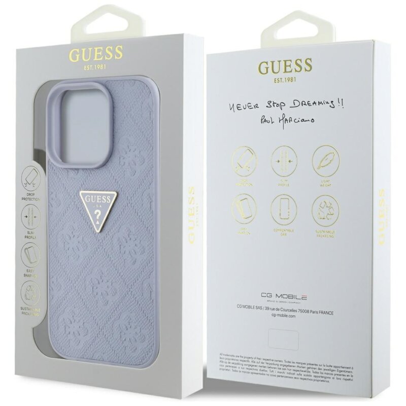 Husa iPhone 16 Pro Max Guess Leather Hot Stamp 4G Pattern Triangle Metal Logo, mov, GUHCP16XPGP4STRU