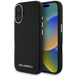 Husa originala iPhone 16 Karl Lagerfeld Saffiano Full Wrapped Elongated Metal Logo MagSafe, negru, KLHMP16SPSAFWMCK