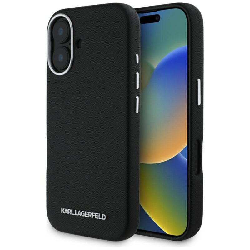 Husa originala iPhone 16 Karl Lagerfeld Saffiano Full Wrapped Elongated Metal Logo MagSafe, negru, KLHMP16SPSAFWMCK