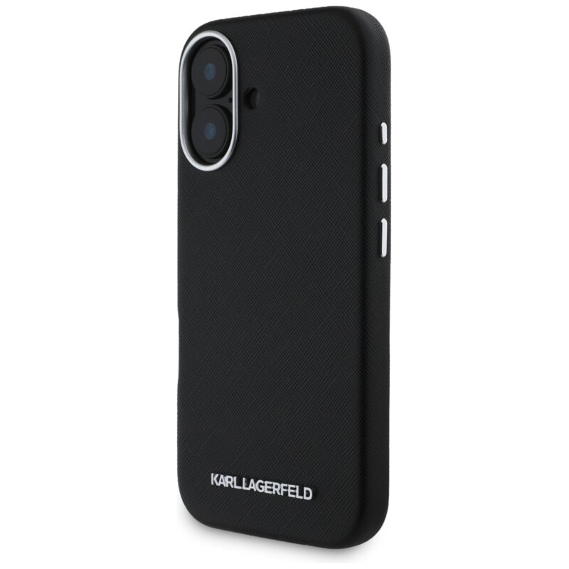 Husa originala iPhone 16 Karl Lagerfeld Saffiano Full Wrapped Elongated Metal Logo MagSafe, negru, KLHMP16SPSAFWMCK