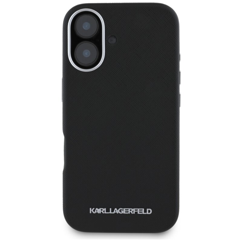 Husa originala iPhone 16 Karl Lagerfeld Saffiano Full Wrapped Elongated Metal Logo MagSafe, negru, KLHMP16SPSAFWMCK
