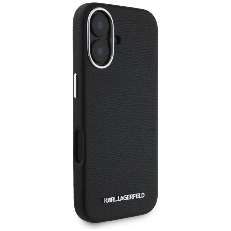 Husa originala iPhone 16 Karl Lagerfeld Saffiano Full Wrapped Elongated Metal Logo MagSafe, negru, KLHMP16SPSAFWMCK