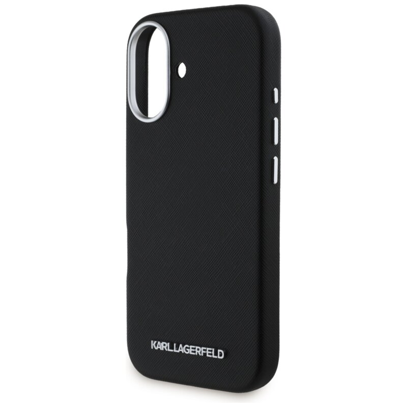 Husa originala iPhone 16 Karl Lagerfeld Saffiano Full Wrapped Elongated Metal Logo MagSafe, negru, KLHMP16SPSAFWMCK