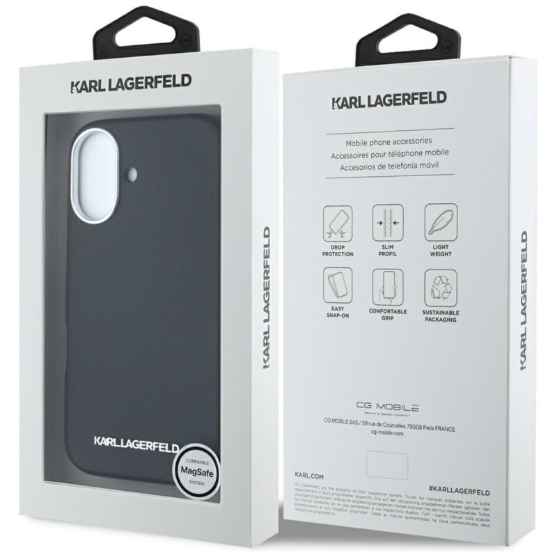 Husa originala iPhone 16 Karl Lagerfeld Saffiano Full Wrapped Elongated Metal Logo MagSafe, negru, KLHMP16SPSAFWMCK
