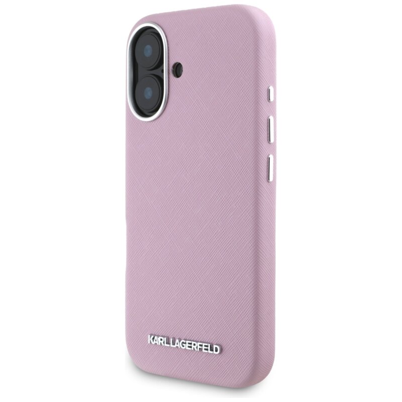 Husa originala iPhone 16 Karl Lagerfeld Saffiano Full Wrapped Elongated Metal Logo MagSafe, roz, KLHMP16SPSAFWMCP