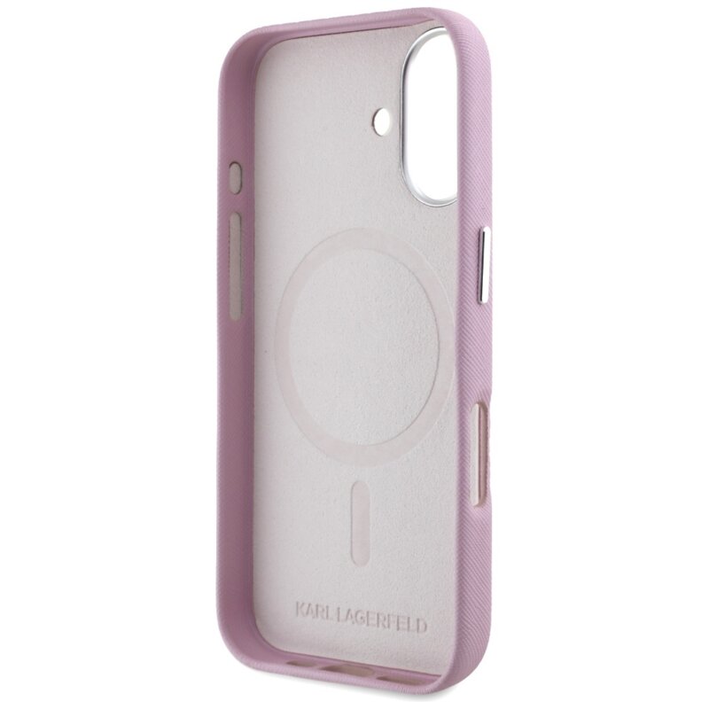 Husa originala iPhone 16 Karl Lagerfeld Saffiano Full Wrapped Elongated Metal Logo MagSafe, roz, KLHMP16SPSAFWMCP