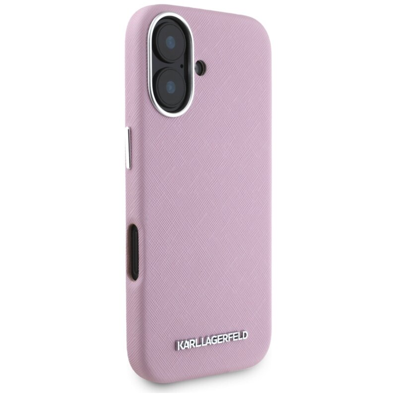 Husa originala iPhone 16 Karl Lagerfeld Saffiano Full Wrapped Elongated Metal Logo MagSafe, roz, KLHMP16SPSAFWMCP
