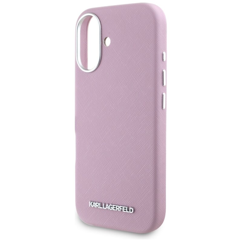 Husa originala iPhone 16 Karl Lagerfeld Saffiano Full Wrapped Elongated Metal Logo MagSafe, roz, KLHMP16SPSAFWMCP
