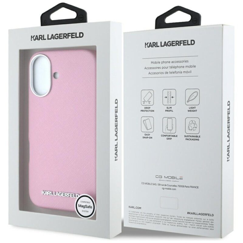 Husa originala iPhone 16 Karl Lagerfeld Saffiano Full Wrapped Elongated Metal Logo MagSafe, roz, KLHMP16SPSAFWMCP
