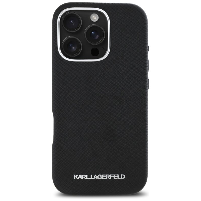 Husa originala iPhone 16 Pro Karl Lagerfeld Saffiano Full Wrapped Elongated Metal Logo MagSafe, negru, KLHMP16LPSAFWMCK
