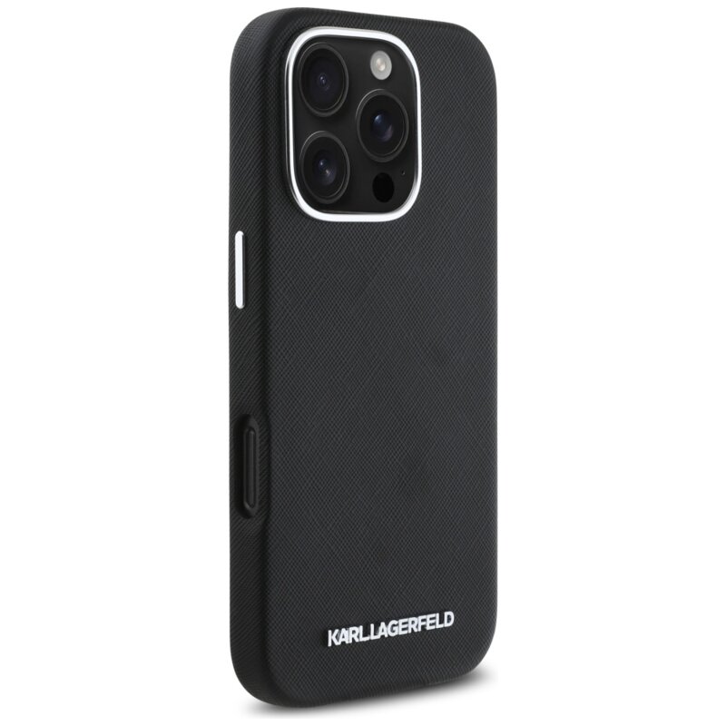 Husa originala iPhone 16 Pro Karl Lagerfeld Saffiano Full Wrapped Elongated Metal Logo MagSafe, negru, KLHMP16LPSAFWMCK