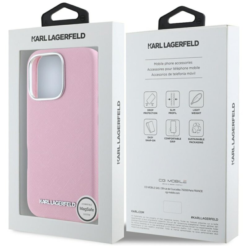 Husa originala iPhone 16 Pro Karl Lagerfeld Saffiano Full Wrapped Elongated Metal Logo MagSafe, roz, KLHMP16LPSAFWMCP