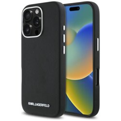 Husa originala iPhone 16 Pro Max Karl Lagerfeld Saffiano Full Wrapped Elongated Metal Logo MagSafe, negru, KLHMP16XPSAFWMCK