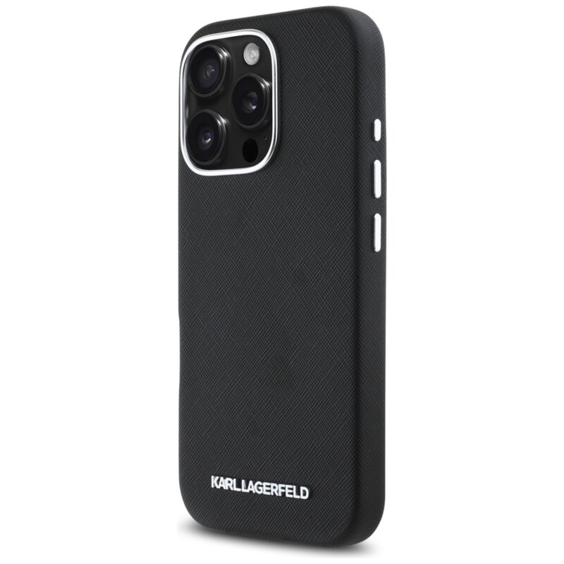 Husa originala iPhone 16 Pro Max Karl Lagerfeld Saffiano Full Wrapped Elongated Metal Logo MagSafe, negru, KLHMP16XPSAFWMCK