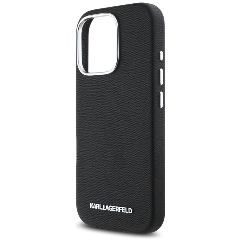 Husa originala iPhone 16 Pro Max Karl Lagerfeld Saffiano Full Wrapped Elongated Metal Logo MagSafe, negru, KLHMP16XPSAFWMCK