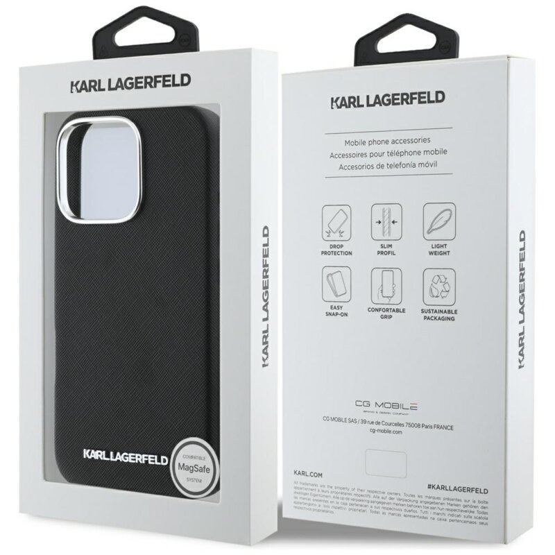 Husa originala iPhone 16 Pro Max Karl Lagerfeld Saffiano Full Wrapped Elongated Metal Logo MagSafe, negru, KLHMP16XPSAFWMCK
