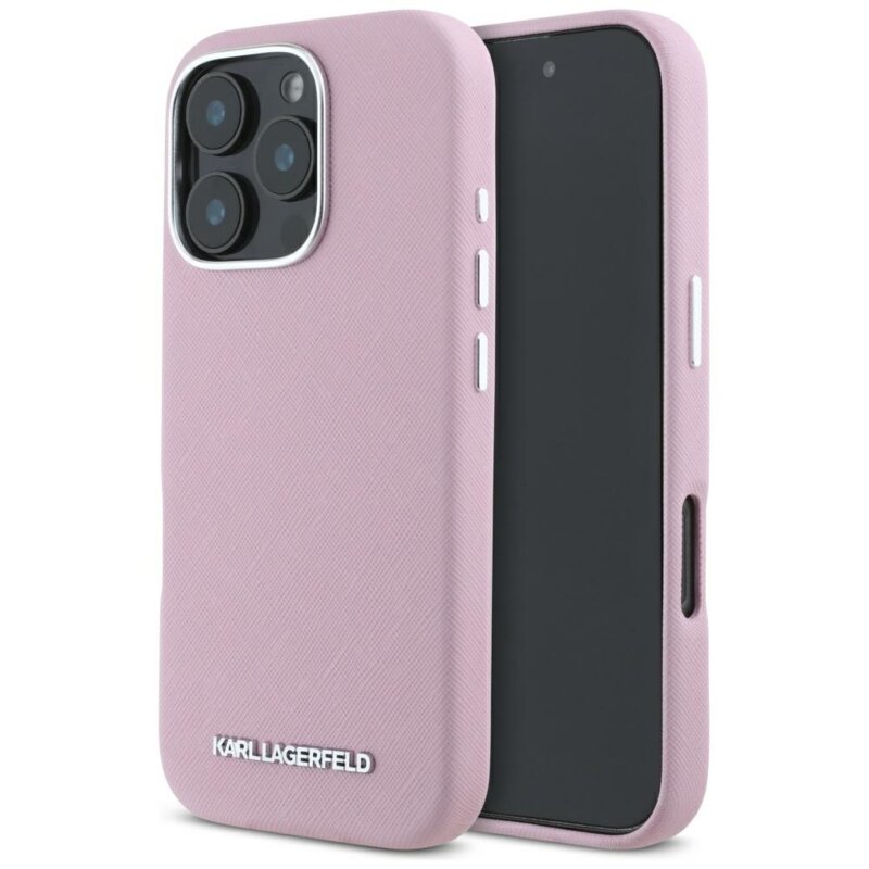 Husa originala iPhone 16 Pro Max Karl Lagerfeld Saffiano Full Wrapped Elongated Metal Logo MagSafe, roz, KLHMP16XPSAFWMCP