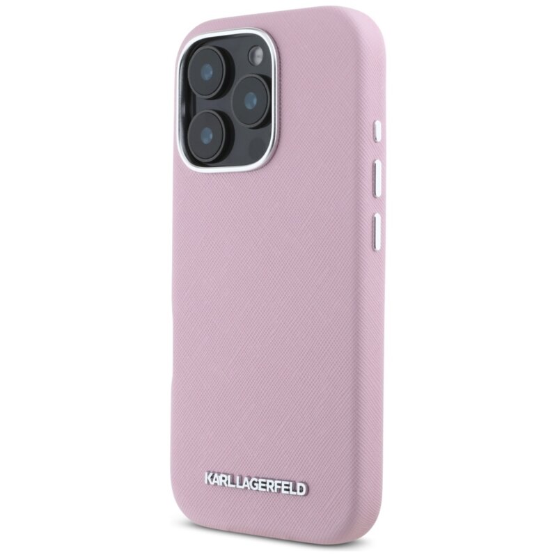 Husa originala iPhone 16 Pro Max Karl Lagerfeld Saffiano Full Wrapped Elongated Metal Logo MagSafe, roz, KLHMP16XPSAFWMCP