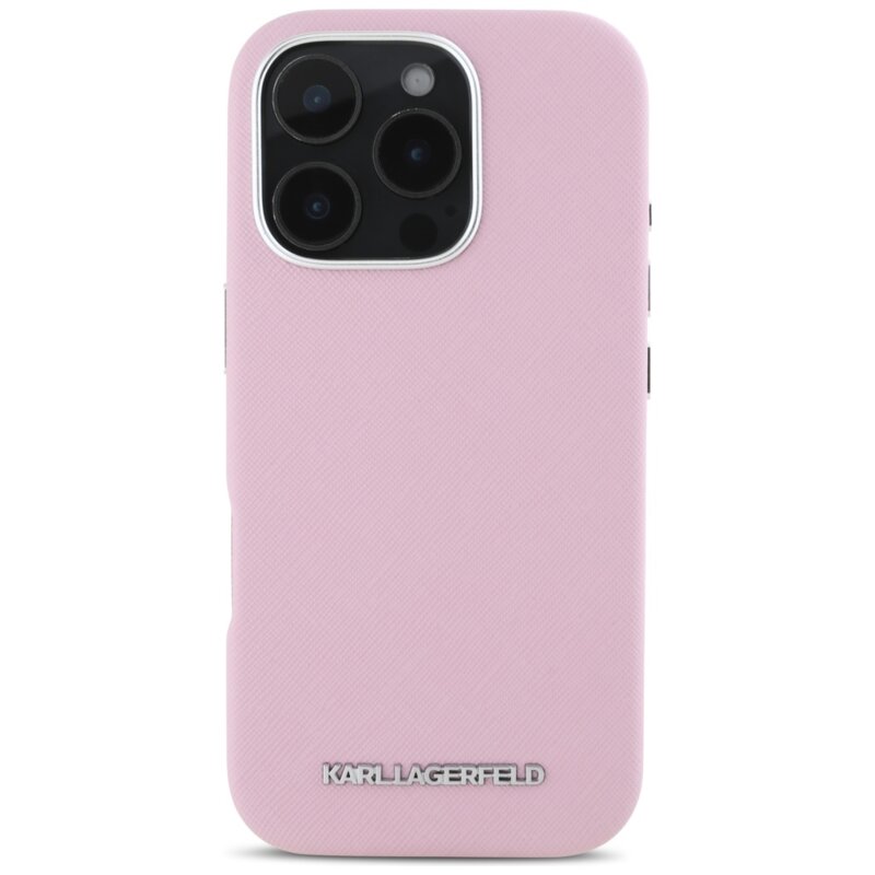 Husa originala iPhone 16 Pro Max Karl Lagerfeld Saffiano Full Wrapped Elongated Metal Logo MagSafe, roz, KLHMP16XPSAFWMCP