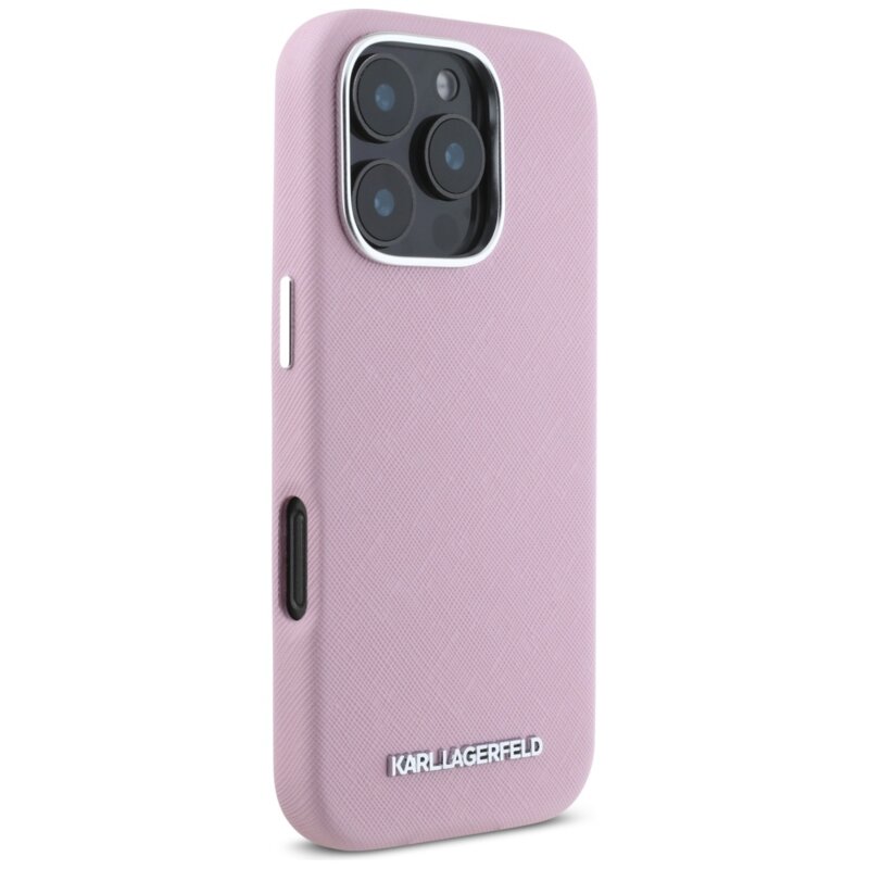 Husa originala iPhone 16 Pro Max Karl Lagerfeld Saffiano Full Wrapped Elongated Metal Logo MagSafe, roz, KLHMP16XPSAFWMCP