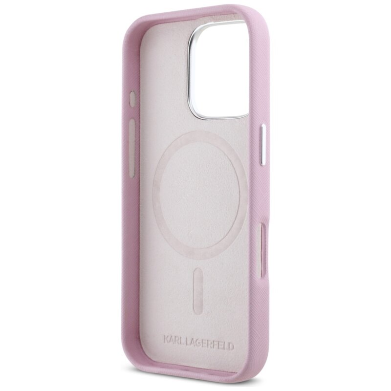 Husa originala iPhone 16 Pro Max Karl Lagerfeld Saffiano Full Wrapped Elongated Metal Logo MagSafe, roz, KLHMP16XPSAFWMCP