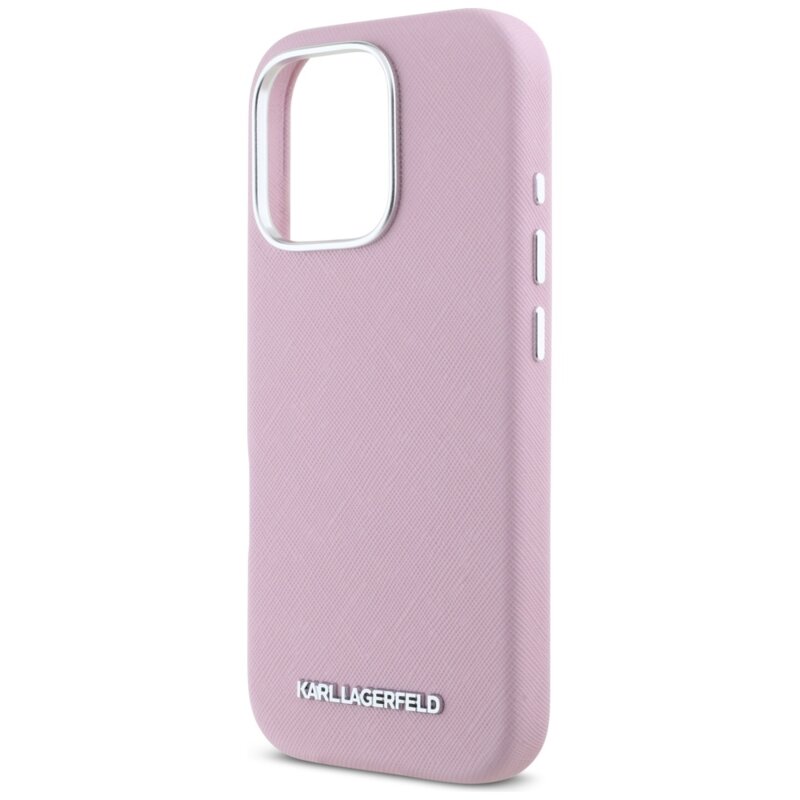 Husa originala iPhone 16 Pro Max Karl Lagerfeld Saffiano Full Wrapped Elongated Metal Logo MagSafe, roz, KLHMP16XPSAFWMCP