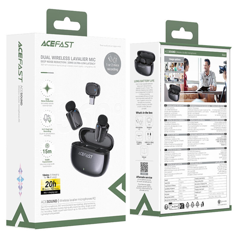 Microfon 360° wireless tip lavaliera Acefast R2, 300mAh, negru
