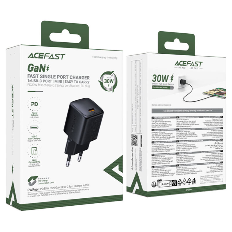 Mini incarcator priza GaN Type-C PD30W Acefast A118, negru