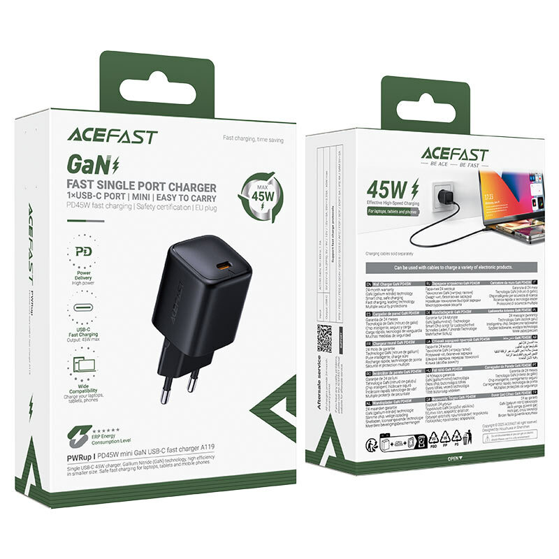 Mini incarcator priza GaN Type-C PD45W Acefast A119, negru