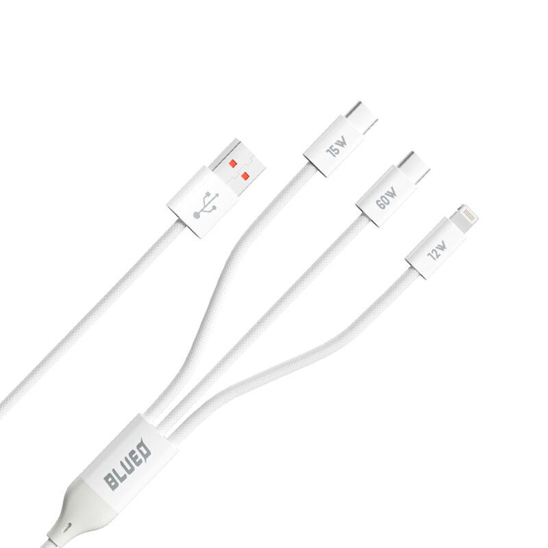 Cablu 3in1 USB-A la 2x Type-C, Lightning Blueo, alb