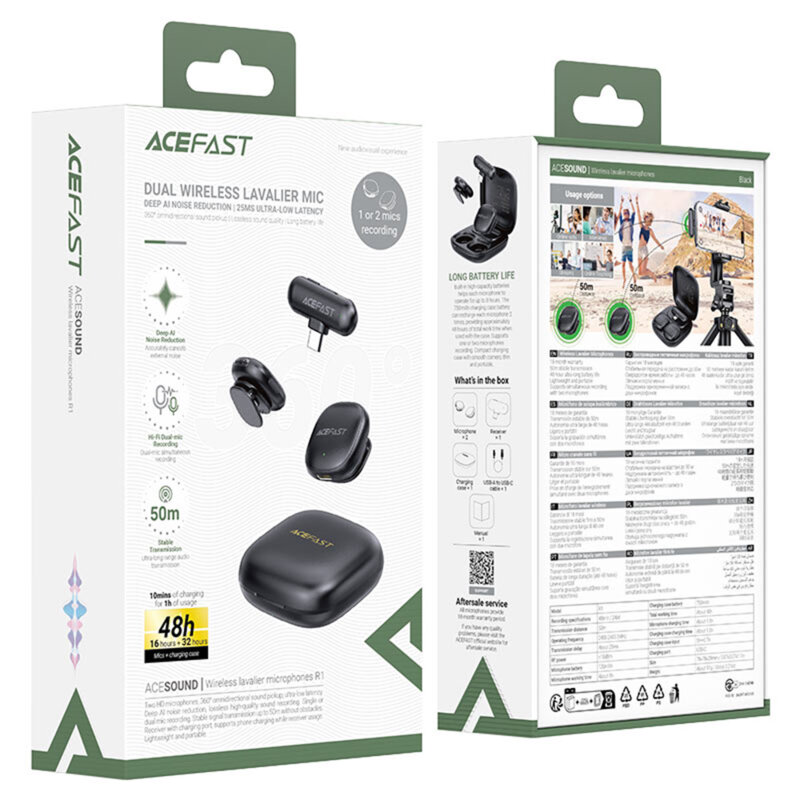 Microfon 360° wireless tip lavaliera Acefast R1, 750mAh, negru