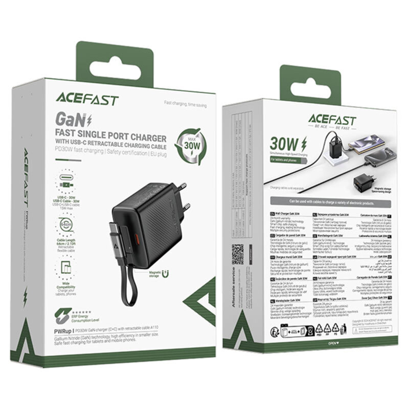 Incarcator GaN Type-C + cablu Acefast A110, 30W, 65cm, negru
