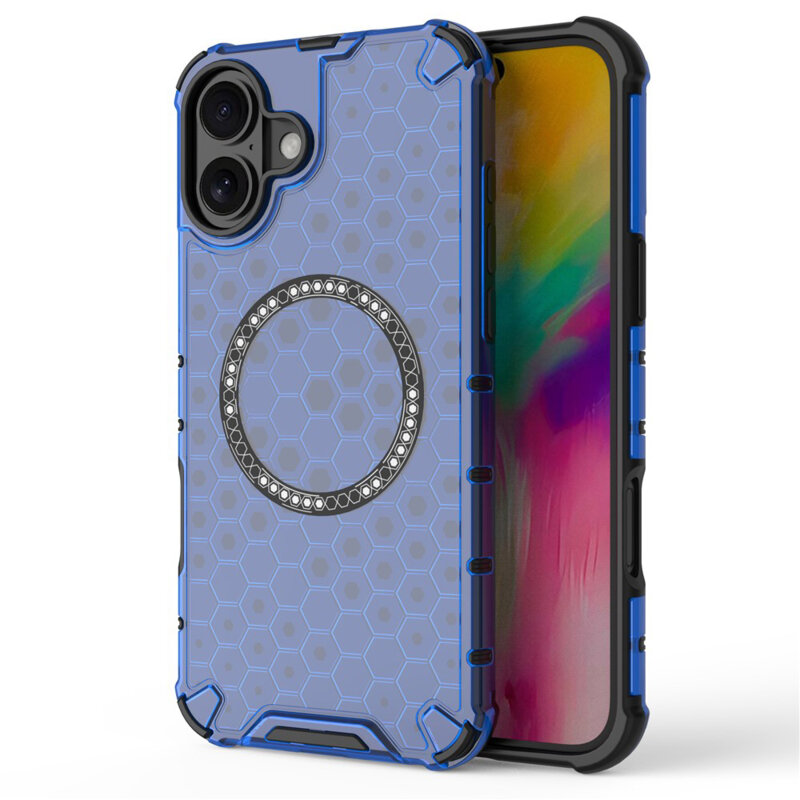 Husa transparenta iPhone 16 Techsuit HoneyComb Shield MagSafe, albastru