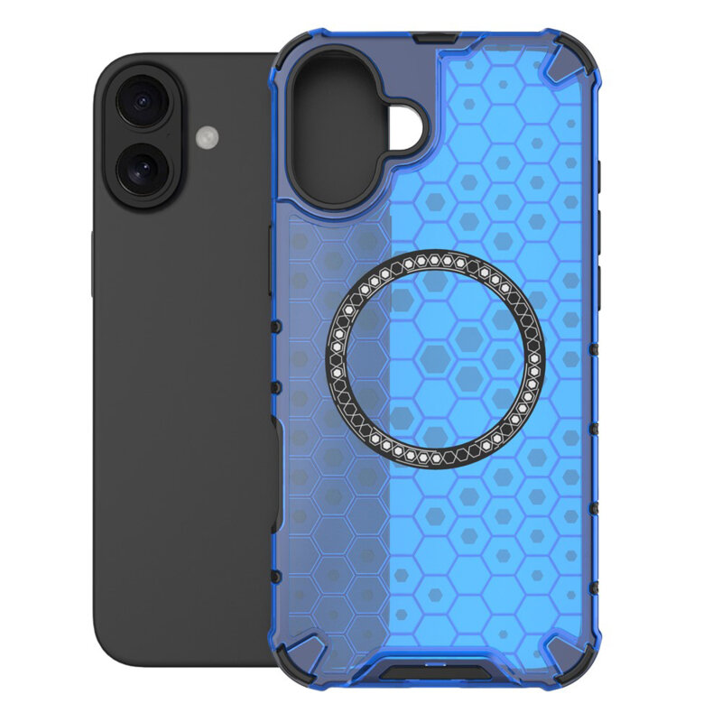 Husa transparenta iPhone 16 Techsuit HoneyComb Shield MagSafe, albastru