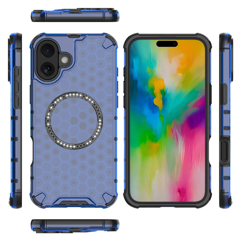 Husa transparenta iPhone 16 Techsuit HoneyComb Shield MagSafe, albastru