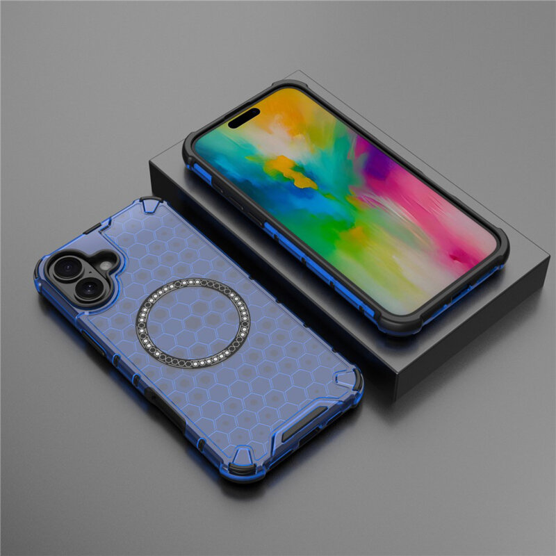 Husa transparenta iPhone 16 Techsuit HoneyComb Shield MagSafe, albastru
