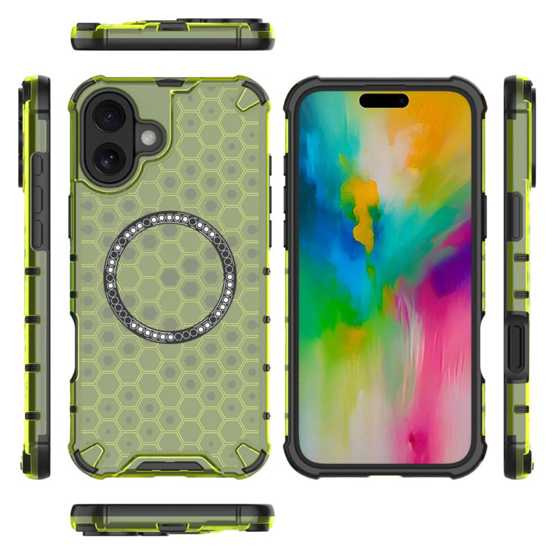Husa transparenta iPhone 16 Techsuit HoneyComb Shield MagSafe, verde