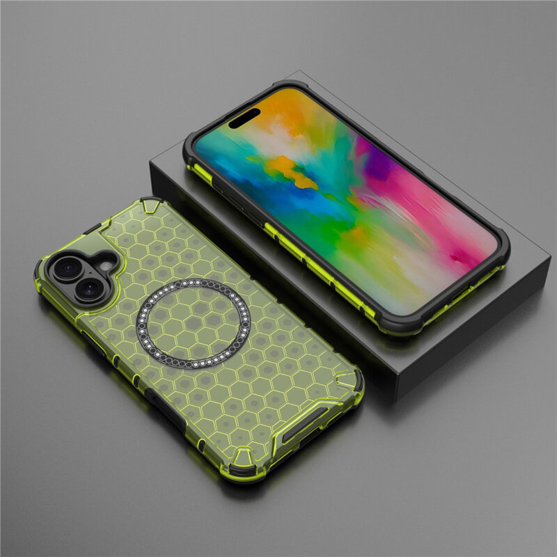 Husa transparenta iPhone 16 Techsuit HoneyComb Shield MagSafe, verde