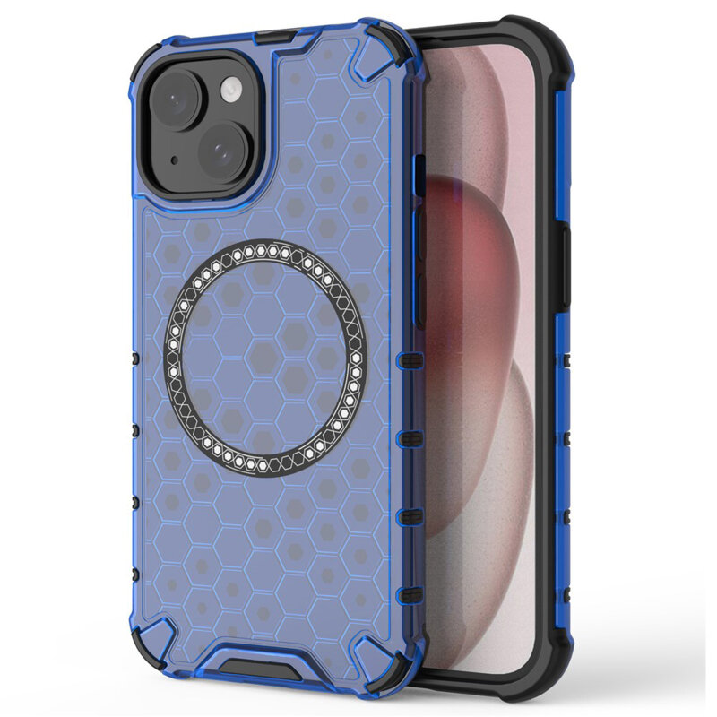 Husa transparenta iPhone 14 Techsuit HoneyComb Shield MagSafe, albastru
