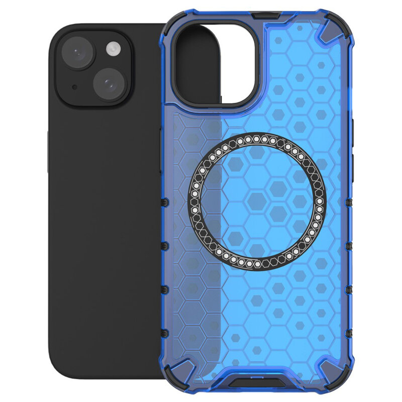 Husa transparenta iPhone 14 Techsuit HoneyComb Shield MagSafe, albastru