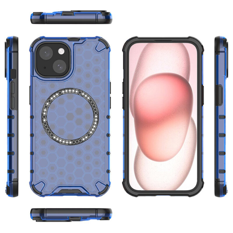 Husa transparenta iPhone 14 Techsuit HoneyComb Shield MagSafe, albastru