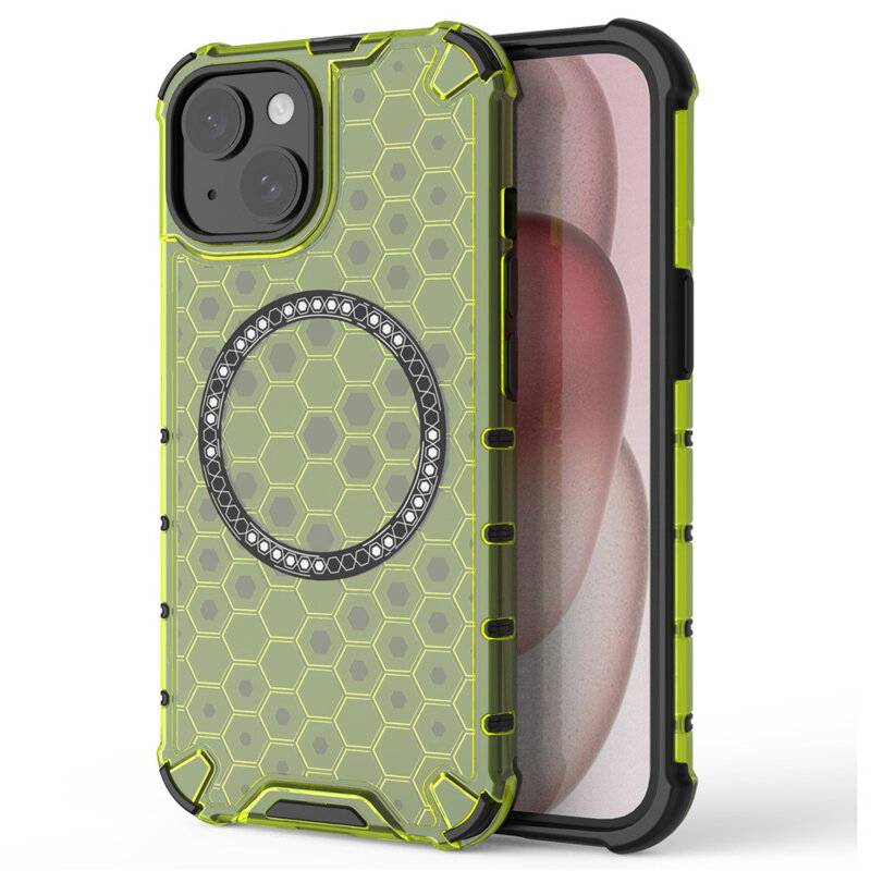 Husa transparenta iPhone 14 Techsuit HoneyComb Shield MagSafe, verde