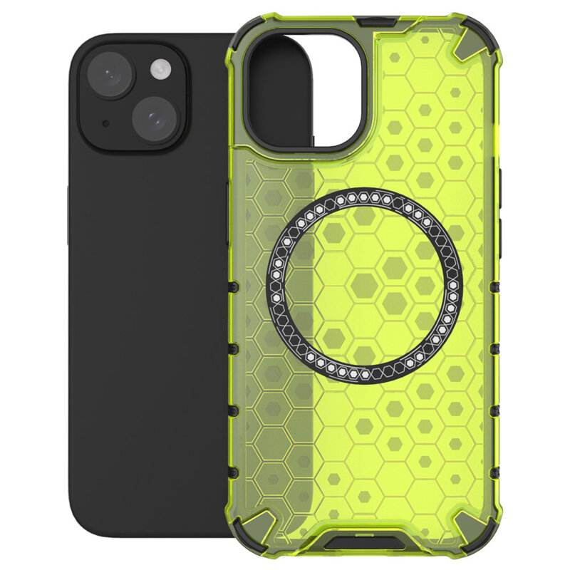 Husa transparenta iPhone 14 Techsuit HoneyComb Shield MagSafe, verde
