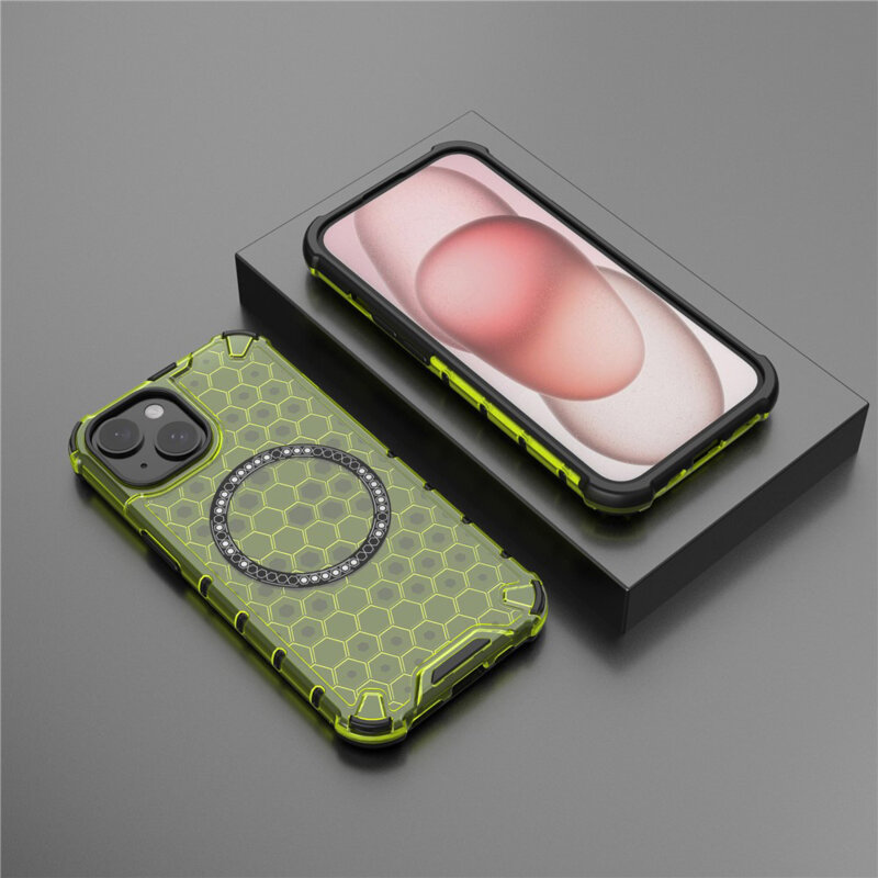 Husa transparenta iPhone 14 Techsuit HoneyComb Shield MagSafe, verde