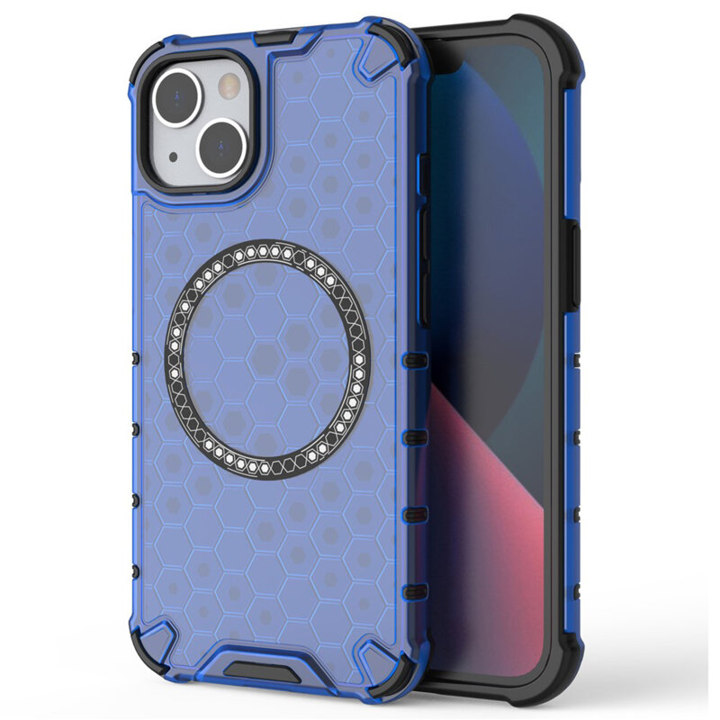 Husa transparenta iPhone 13 Techsuit HoneyComb Shield MagSafe, albastru